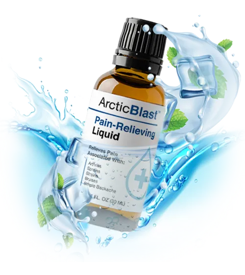 Arctic Blast™ cooling topical formula bottle shown with water splash and natural ingredients