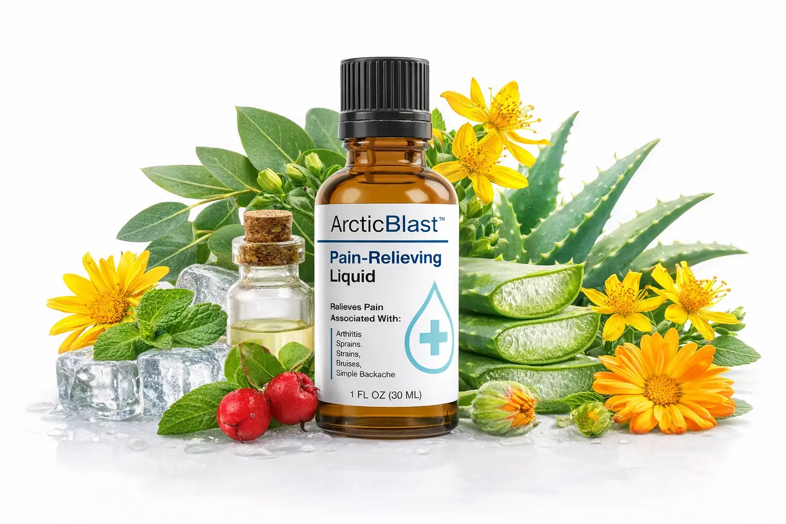 Arctic Blast™ cooling topical formula bottle with natural botanical ingredients